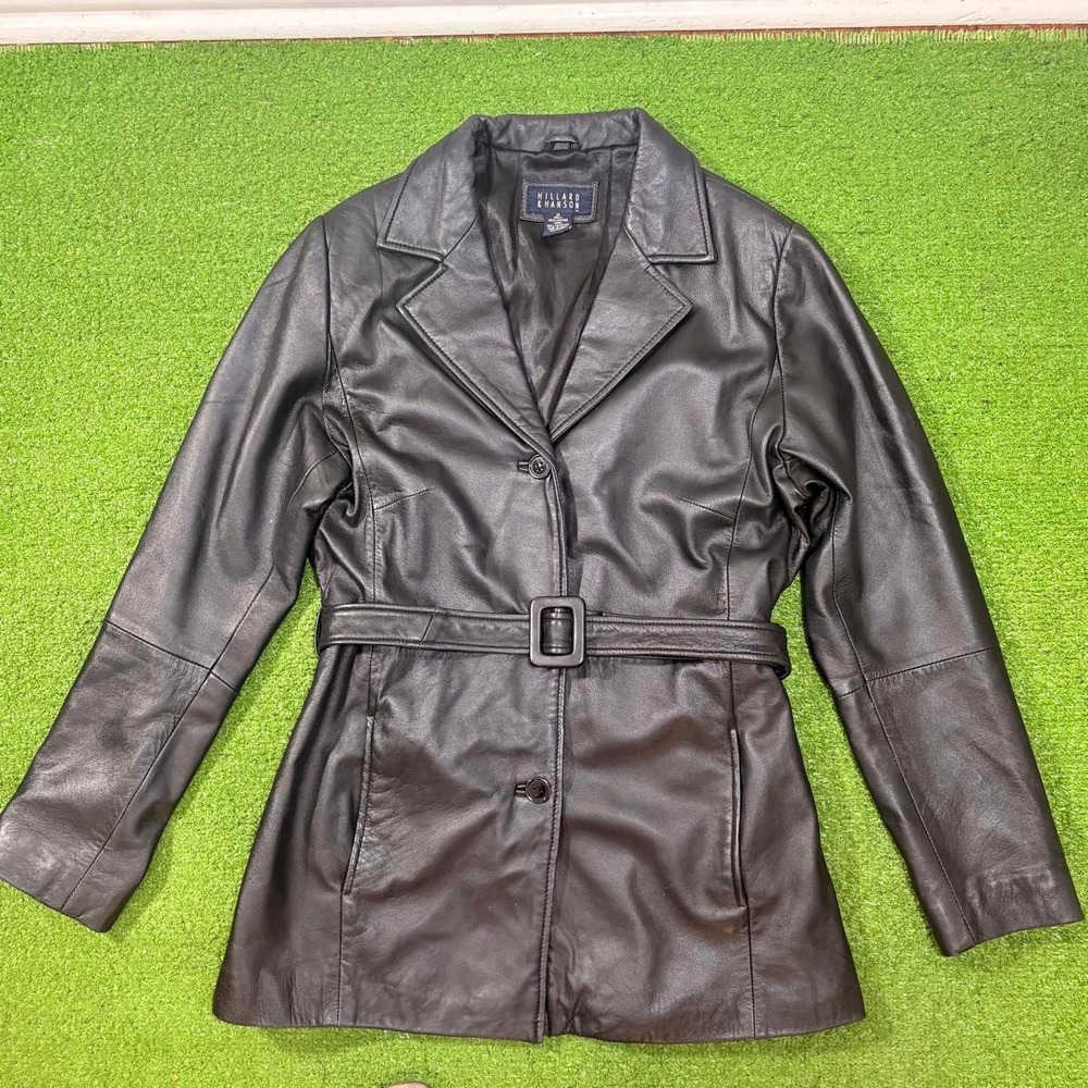 Vintage Y2K Hillard & Hanson Black Belted Leather Coat Jacket Sz M